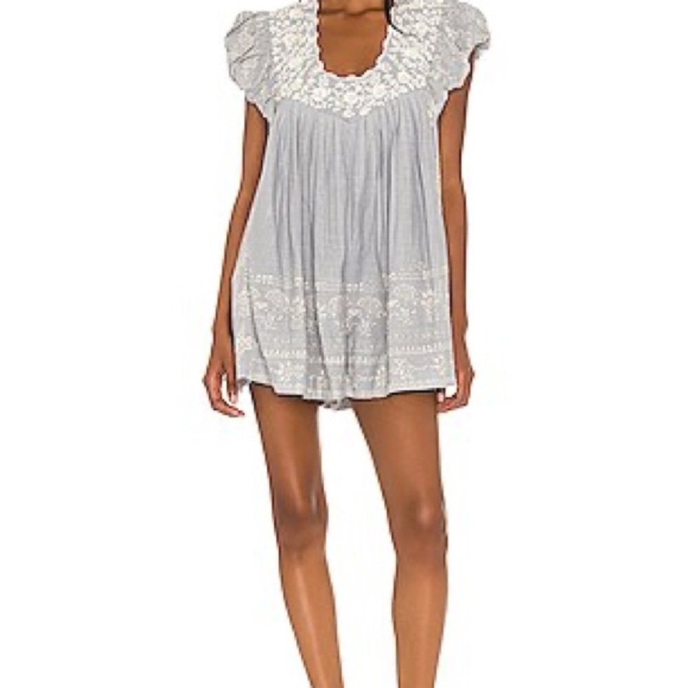 Free People Gray and White Embroidered Romper